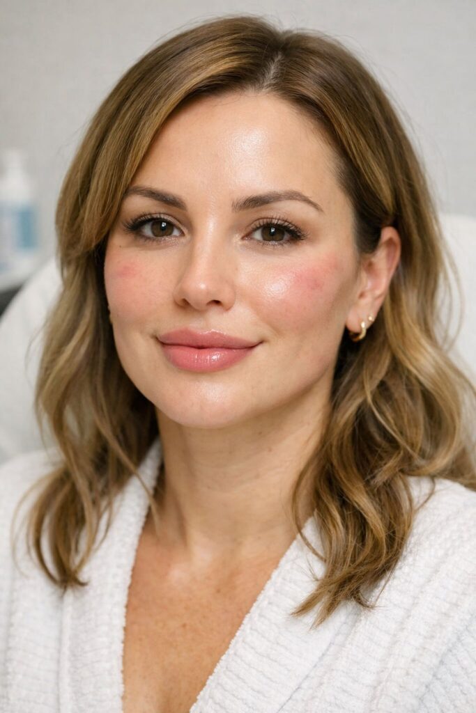 Zadbana, promienna cera jako efekt działania stymulatorów tkankowych i mezoterapii. Odmładzanie twarzy i szyi. Zadowolona klientka gabinetu medycyny estetycznej.